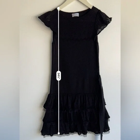 Red Valentino Black Knit Ruffle Dress Tie Waist Eyelet Lace Tiered Mini Sz XS S - Picture 11 of 15